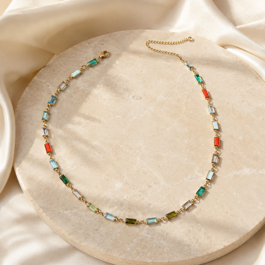 Multicolor Zircon Dainty Necklace – Elegant Gold-Tone Layered Statement Necklace