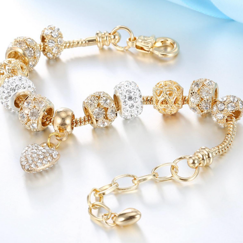Gold Beaded Charm Bracelet – Elegant Rhinestone Heart Bracelet for Women